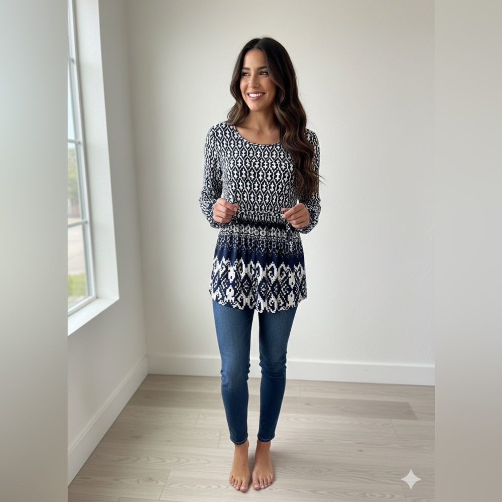 SirenLily Boho Navy & White Patterned Blouse - Adjustable Back